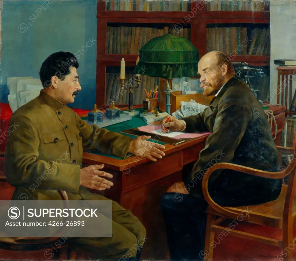 Lenin and Stalin by Shestopalov, Nikolay Ivanovich (1875-) \ State Museum- and exhibition Centre ROSIZO, Moscow \ 1938 \ Russia \ Oil on canvas \ Painting \ Portrait,History