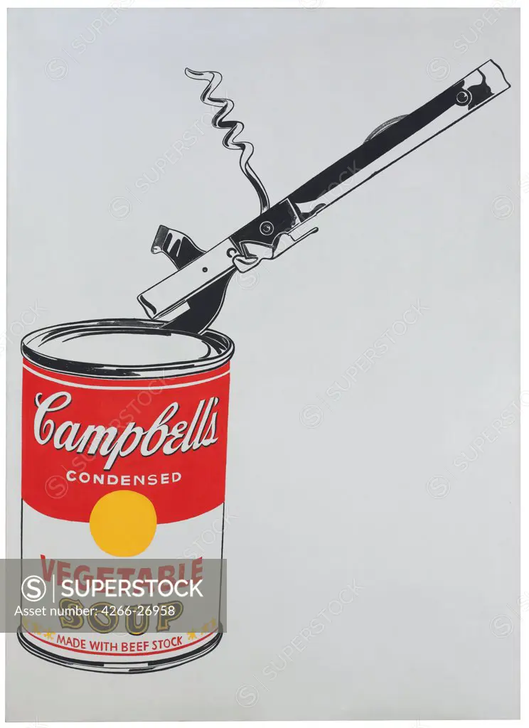 Campbell's Soup with Can Opener by Warhol, Andy (1928-1987)  Private Collection  1962  The United States  Silkscreen ink on synthetic polymer paint on canvas  Painting  Still Life,Mythology, Allegory and Literature