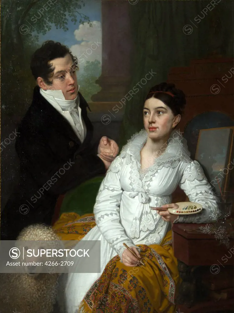 Young couple with poodle by Vladimir Lukich Borovikovsky, oil on canvas, 1814, 1757-1825, Russia, St Petersburg, State Russian Museum, 133x116