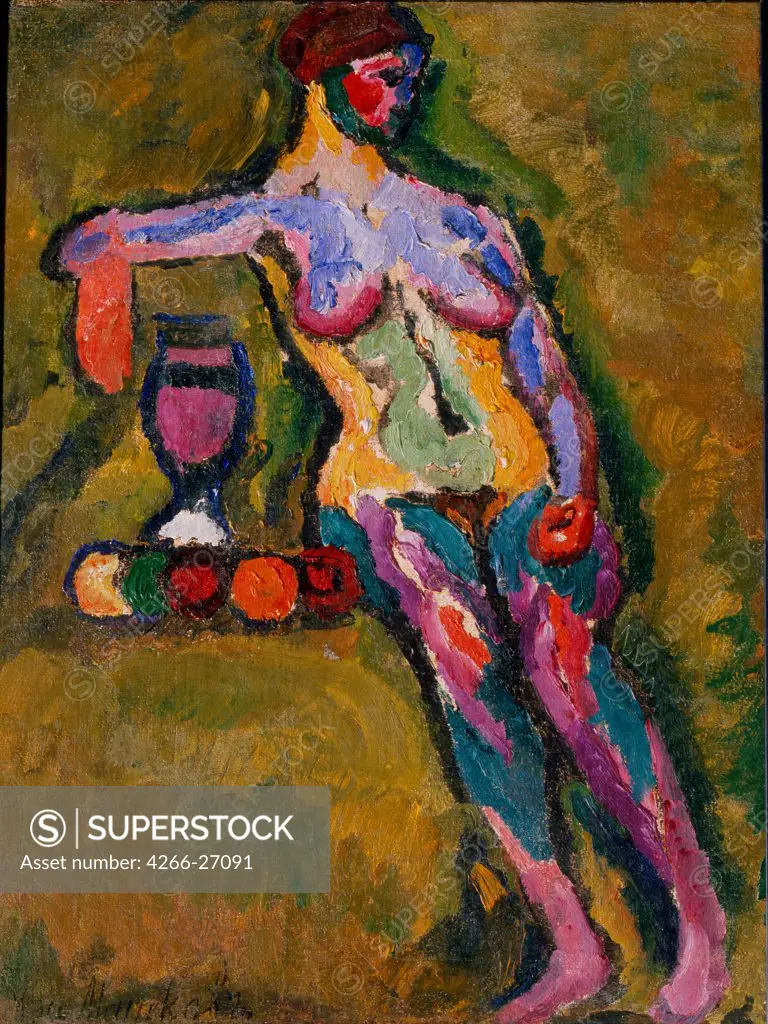 Nude with fruits by Mashkov, Ilya Ivanovich (1881-1958)  State Open-air Museum of History and Architecture Novgorodian Kremlin, Novgorod  1910  Russia  Oil on canvas  Painting  Still Life,Nude painting