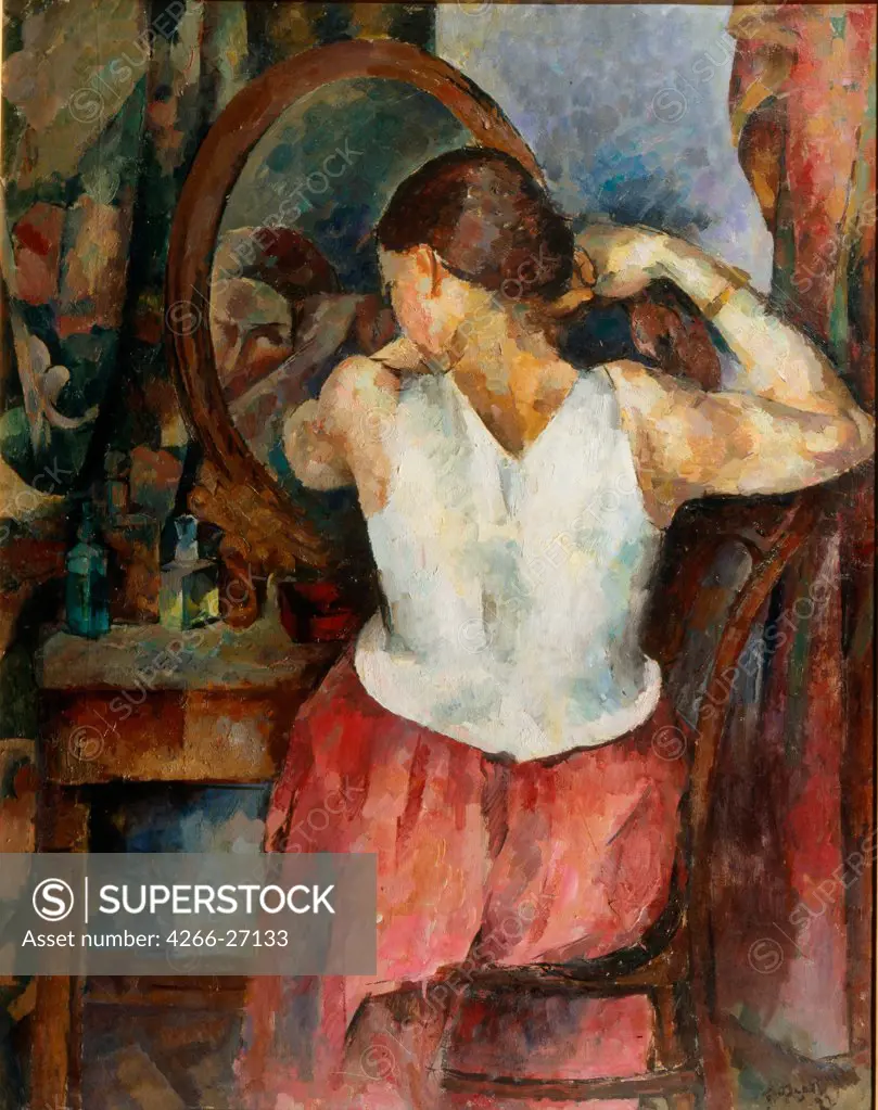 Woman before the mirror by Fyodorov, German Vasilyevich (1885-1976)  F. Kovalenko Museum of Art, Krasnodar  1922  Russia  Oil on canvas  Painting  Genre