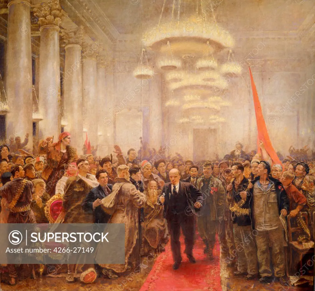 Lenin at the Second Congress of the Soviet of Workers', Soldiers', and Peasants' Deputies on the 26 October 1917 by Samokhvalov, Alexander Nikolayevich (1894-1971)  State Russian Museum, St. Petersburg  1958  Russia  Oil on canvas  Painting  Histor