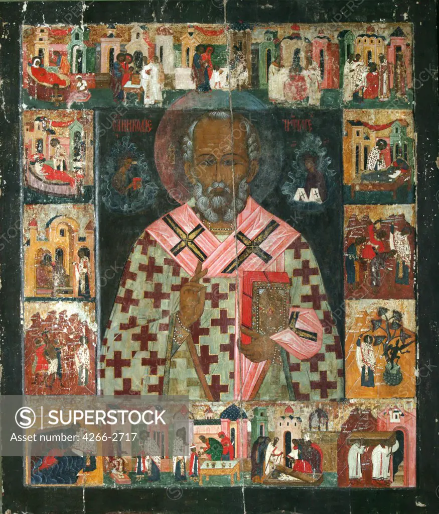 Russian icon with Nicholas of Myra by unknown painter, tempera on panel, 16th century, Russia, Kirillov, Ferapontov Monastery