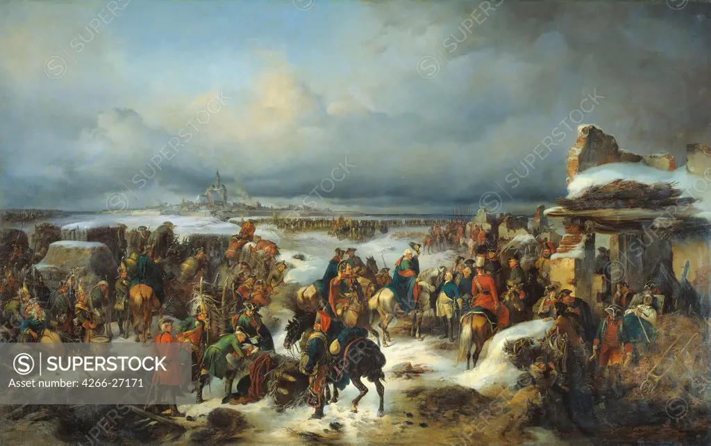 The capture of the Prussian fortress of Kolberg on 16 December 1761 by Kotzebue, Alexander von (1815-1889) / State Central Artillery Museum, St. Petersburg / Russian Painting of 19th cen. / 1852 / Russia / Oil on canvas / History / 226x352