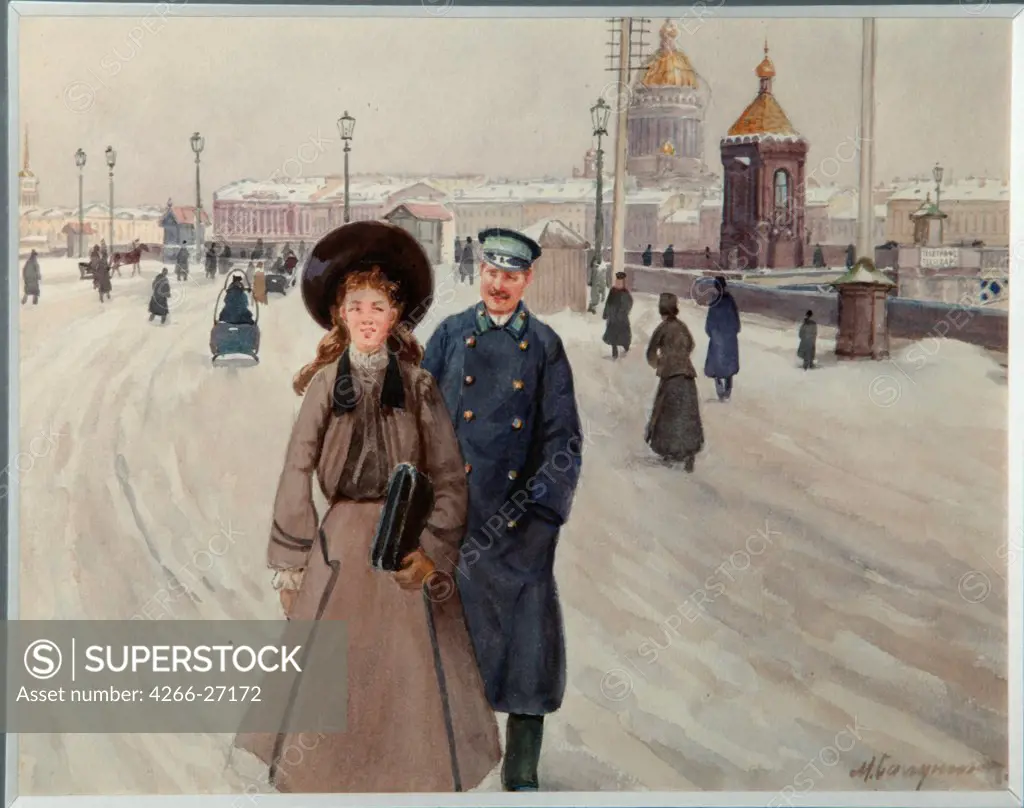From the school (Series 'Petrograd Life') by Balunin, MiKhail Abramovich (1875-1939) / State Art  Museum of Republic Tatarstan, Kazan / Russian Painting, End of 19th - Early 20th cen. / 1914-1917 / Russia / Watercolour on paper / Genre /