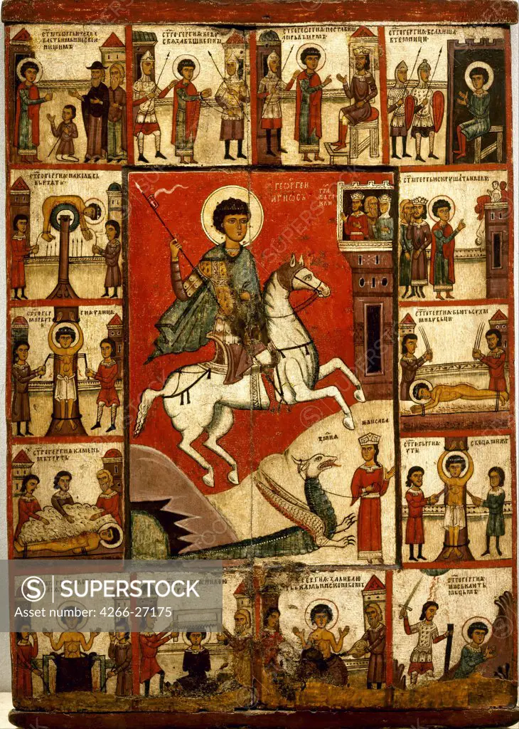 Saint George with Scenes from His Life by Russian icon   / State Russian Museum, St. Petersburg / Russian icon painting / 14th century / Russia, Novgorod School / Tempera on panel / Bible / 89x63