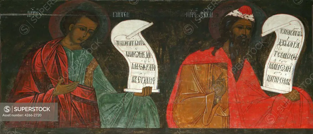 Russian icon with prophets Micah and Zechariah by unknown painter, tempera on panel, 16th century, Russia, Kirillov, Ferapontov Monastery,