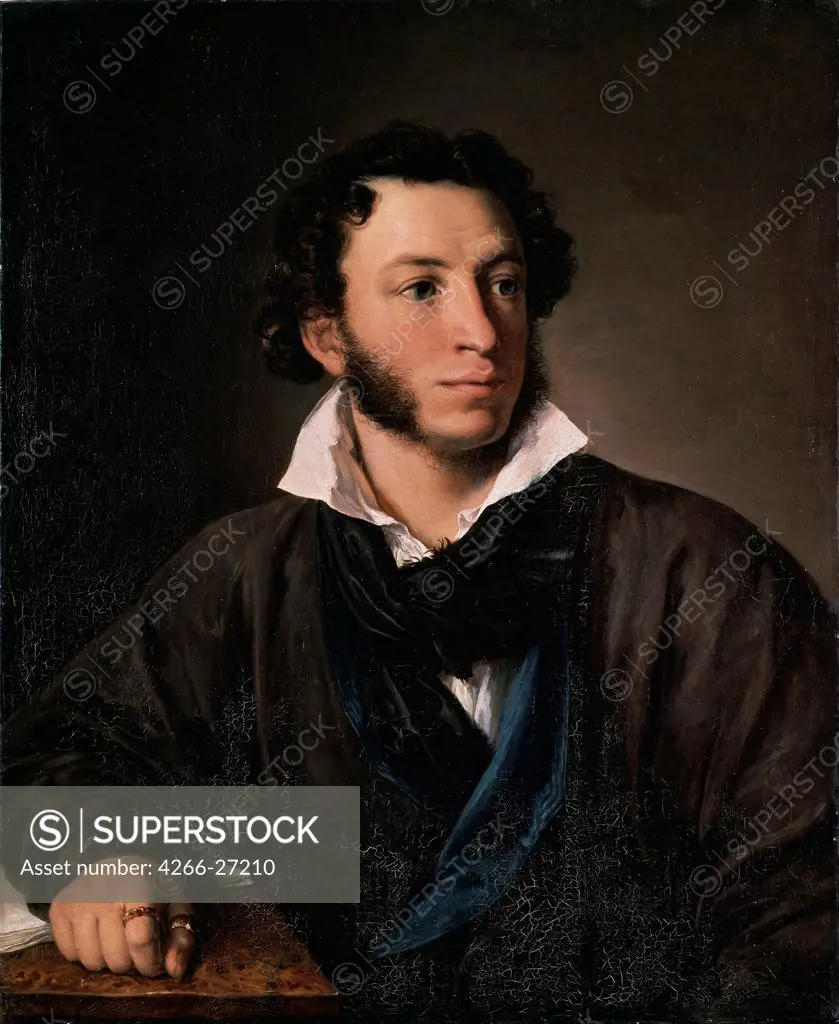 Portrait of the author Alexander S. Pushkin (1799-1837) by Tropinin, Vasili Andreyevich (1776-1857) / A. Pushkin Memorial Museum, St. Petersburg / Russian Painting of 19th cen. / 1827 / Russia / Oil on canvas / Portrait /