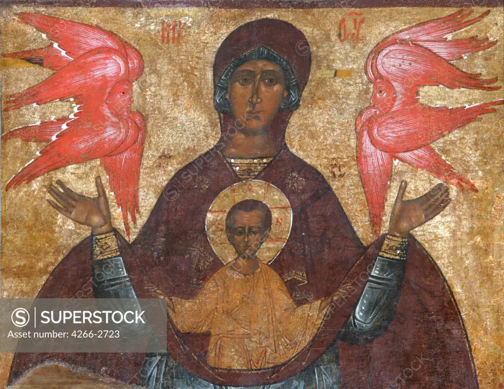 Russian icon with Virgin Hodegetria, tempera on panel, 16th century, Russia, Kirillov, Ferapontov Monastery