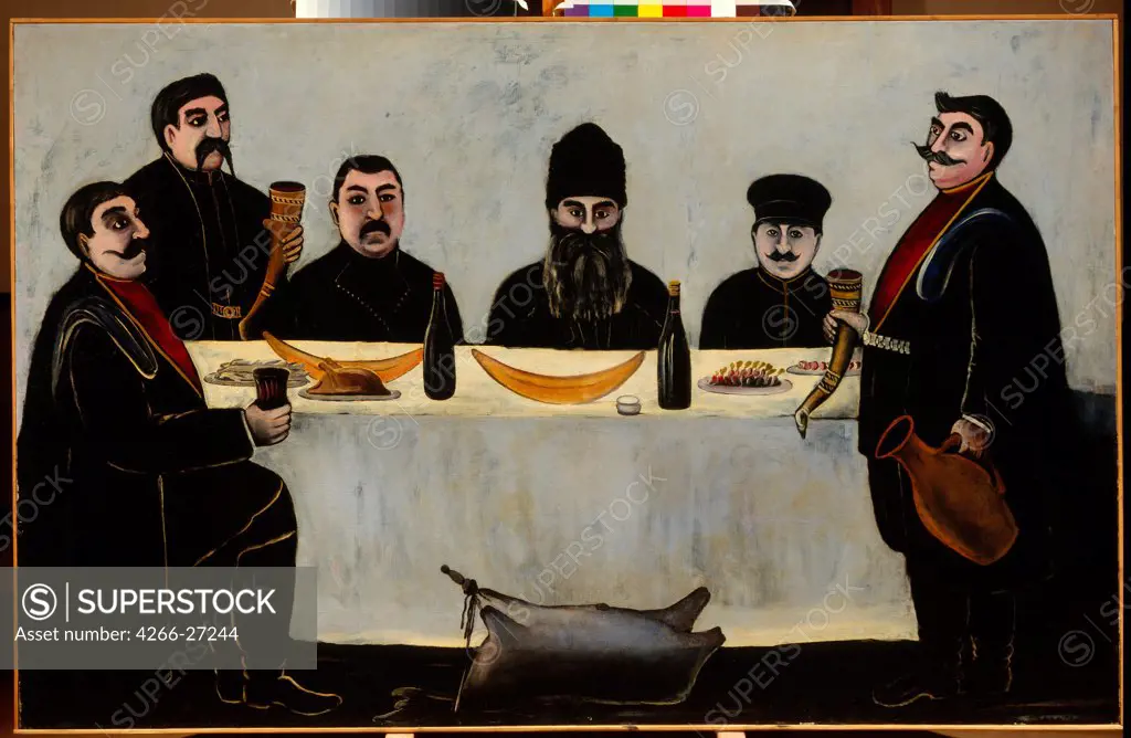 Six Princes (Feast) by Pirosmani, Niko (1862-1918) / State Oriental Art Museum, Moscow / Primitivism / 1905-1907 / Georgia / Oil on oilcloth / Genre / 113x177