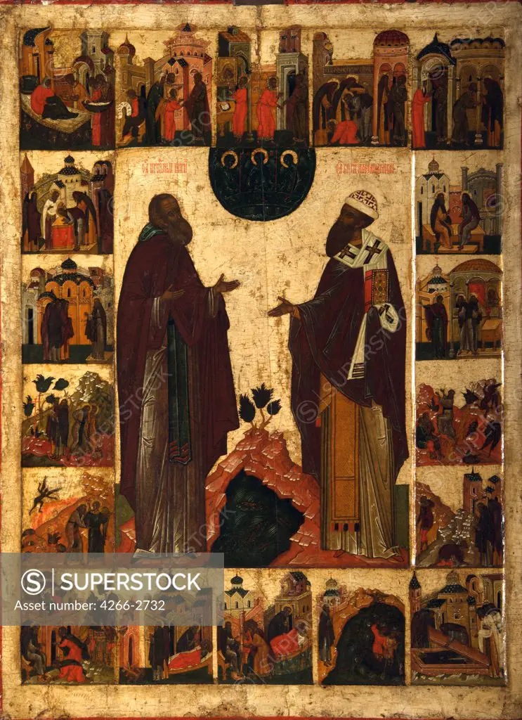 Russian icon with St Cyril and St Methodius, tempera on panel, 16th century, Moscow School, Russia, Moscow, State Tretyakov Gallery, 98x75
