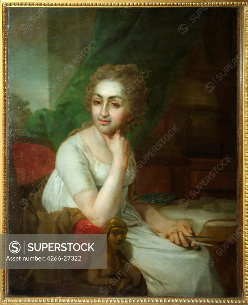 Portrait of an Unknown Woman with Compass in her Hand (Praskovia Golitsyna) by Borovikovsky, Vladimir Lukich (1757-1825) / State Tretyakov Gallery, Moscow / Neoclassicism /  / Russia / Oil on canvas / Portrait / 87,3x68,5