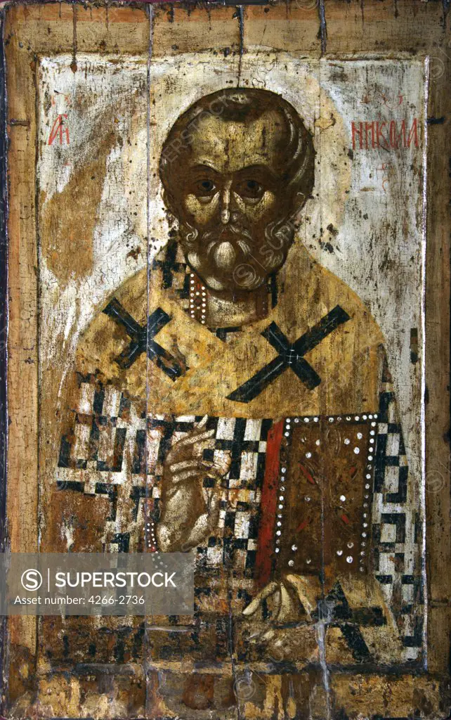 Russian icon with St Nicholas by unknown painter, tempera on panel, 14th century, Yaroslavl School, Russia, Moscow, State Tretyakov Gallery