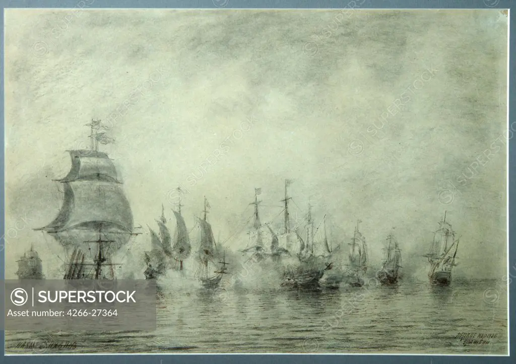 First Naval Battle. Naum Senyavin by Bogolyubov, Alexei Petrovich (1824-1896) / State A. Radishchev Art Museum, Saratov / Realism / 1865-1866 / Russia / Pen, ink, pencil on paper / History / 31,5x50