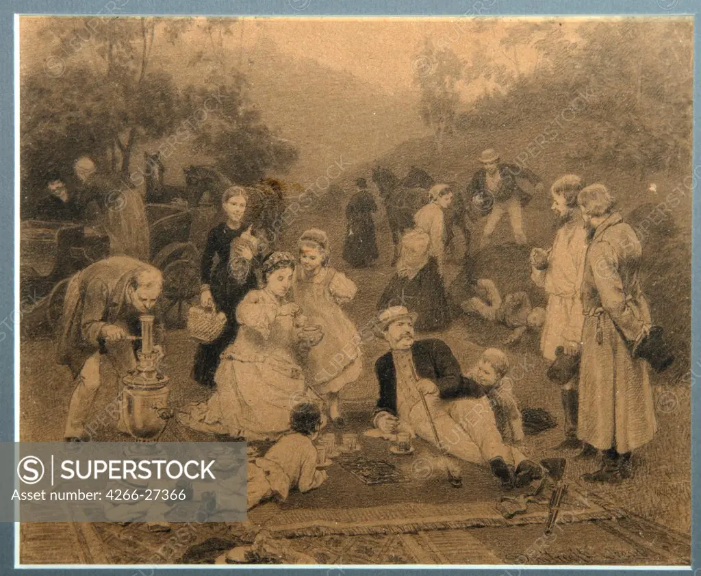 Landowner Tea Party by Dmitriev-Orenburgsky, Nikolai Dmitrievich (1837-1898) / State A. Radishchev Art Museum, Saratov / Realism /  / Russia / Pencil on Paper / Genre / 18,4x24,1