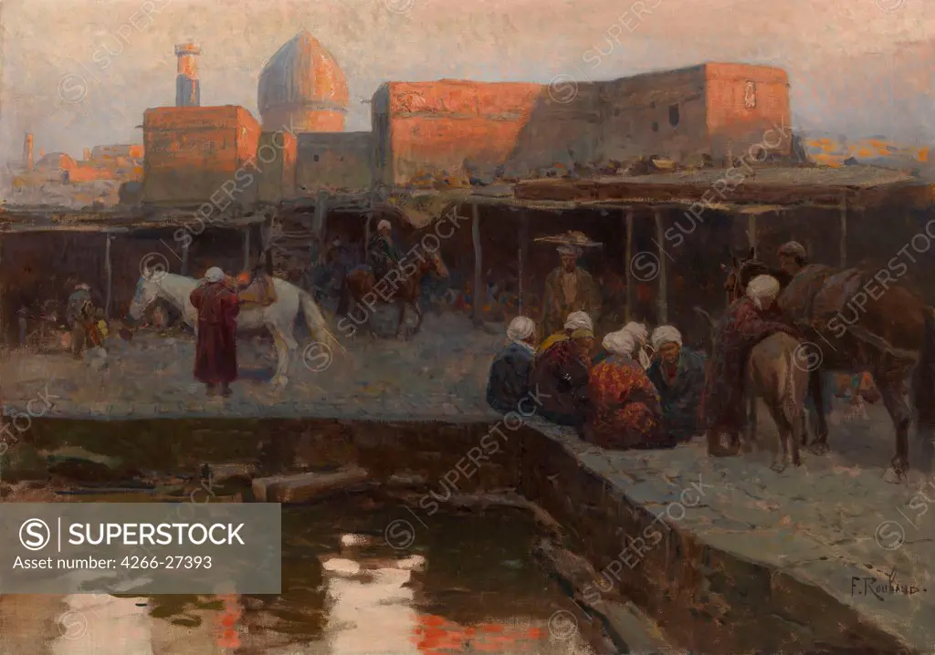Caravanserai by Gur-e Amir in Samarkand by Roubaud, Franz (1856-1928) / Private Collection / Realism /  / Russia / Oil on canvas / Landscape,Genre / 59,5x83,5