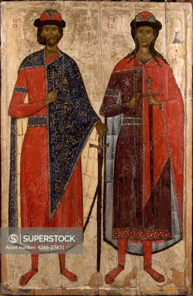 Saints Boris and Gleb by Russian icon   / State Russian Museum, St. Petersburg / Russian icon painting / Mid of the 14th cen. / Russia / Tempera on panel / Bible / 142,5x94,3
