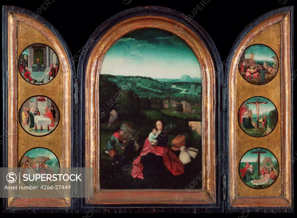 Rest on the Flight into Egypt (Triptych) by Patinir, Joachim, follower of   / National Museum of Western Art, Tokyo / Early Netherlandish Art / ca 1515 / The Netherlands / Oil on wood / Bible /