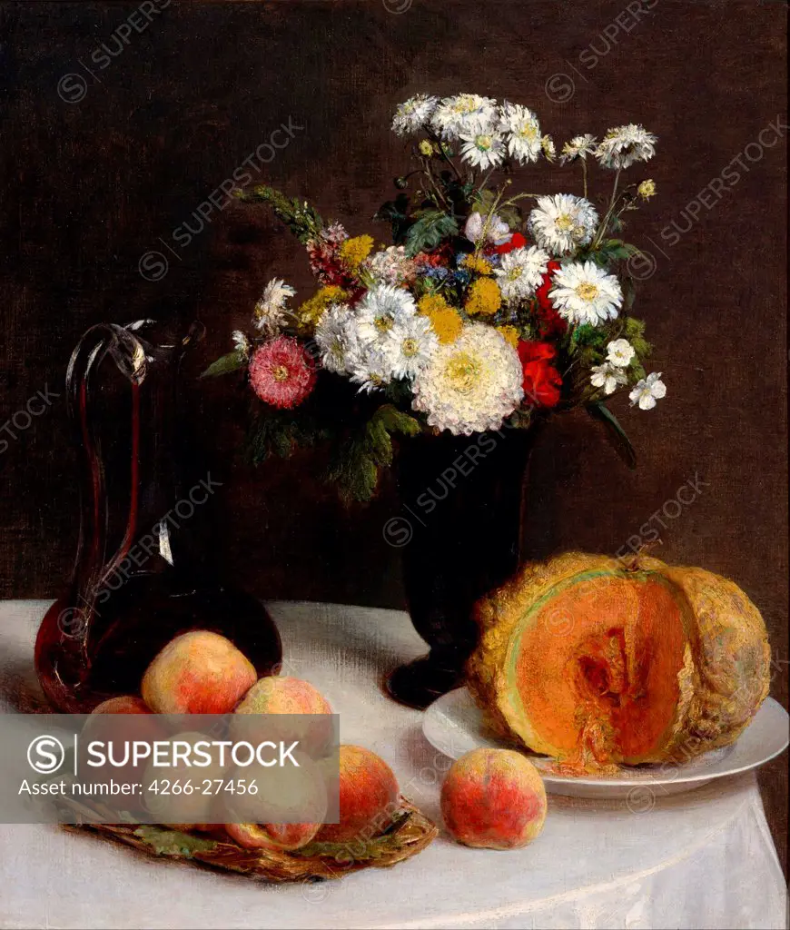 Still Life with Decanter, Flowers and Fruits by Fantin-Latour, Henri (1836-1904) / National Museum of Western Art, Tokyo / Symbolism / 1865 / France / Oil on canvas / Still Life / 59,1x51,5