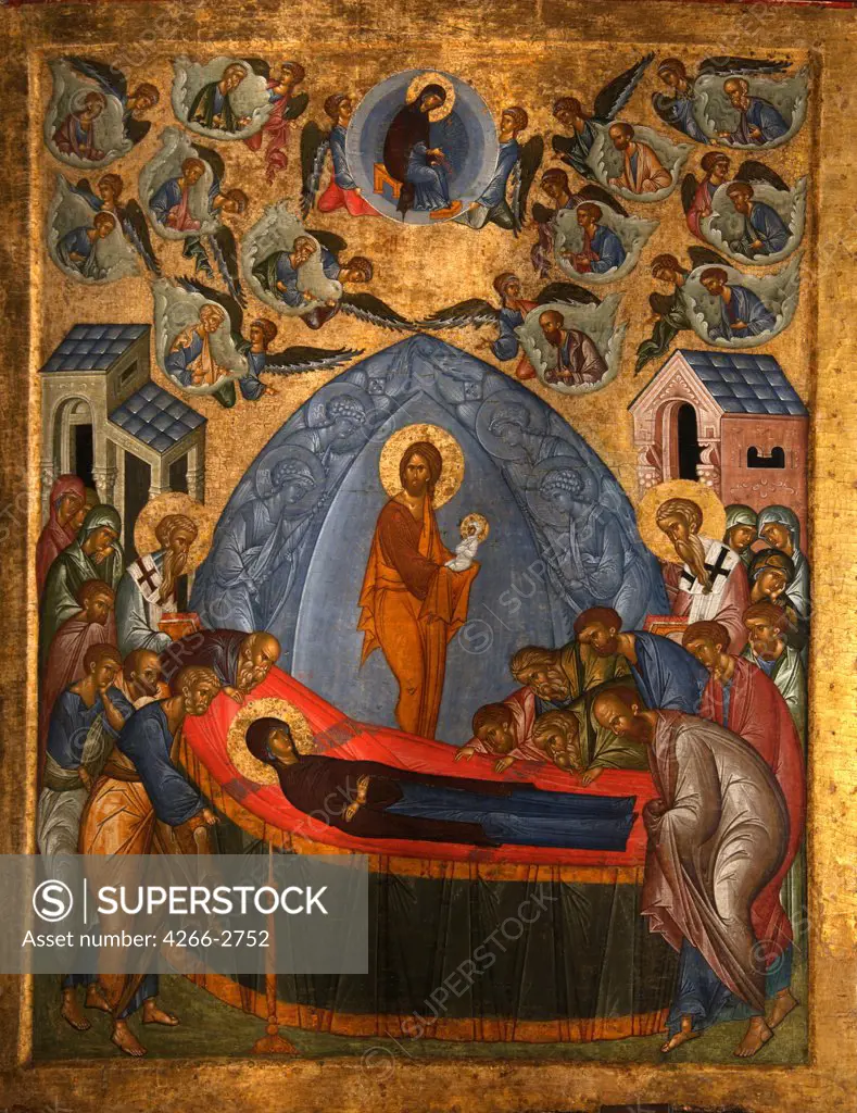 Russian icon with assumption of Virgin Mary by unknown painter, tempera on panel, 15th century, Russia, Moscow, State Tretyakov Gallery