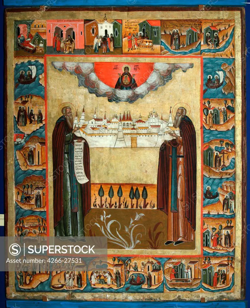 Saints Zosima and Savvatiy of Solovki by Russian icon   / State Open-air Museum Kizhi / Russian icon painting / ca 1759 / Russia, School of Karelia / Tempera on panel / Bible,History /