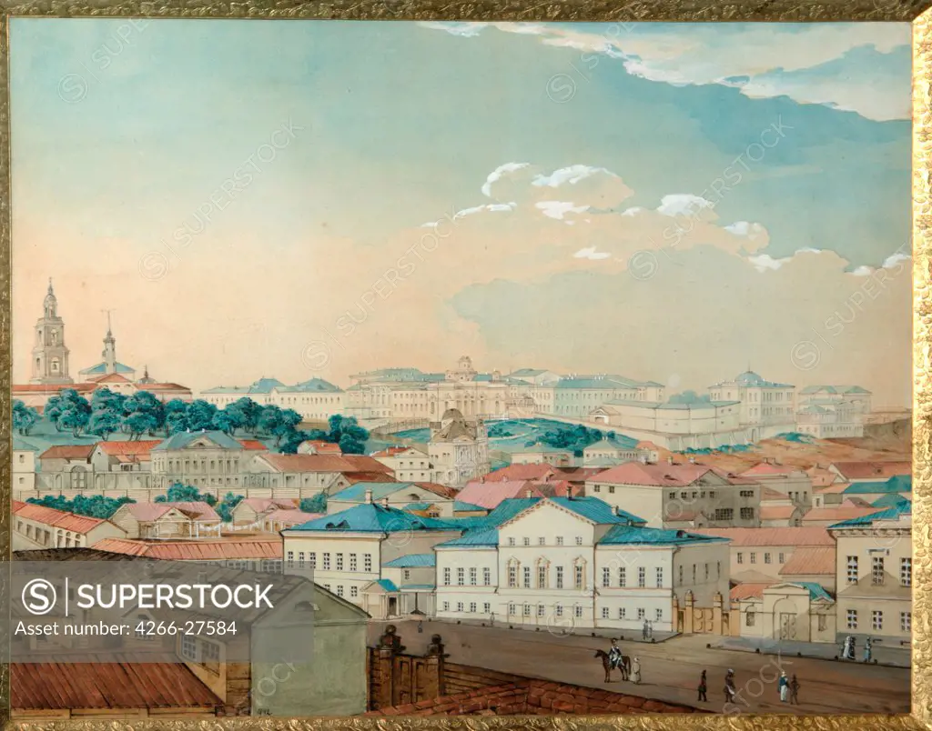 Viewof the Kazan University from the Bolaq by Rakovich, Andrei Nikolayevich (1815-1866) / State Art  Museum of Republic Tatarstan, Kazan / Romanticism / 1842 / Russia / Watercolour and white colour on paper / Landscape / 33x42