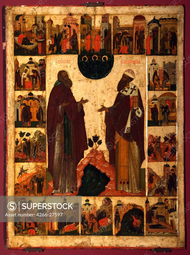 Saint Cyril of White Lake and Saint Cyril of Alexandria by Russian icon   / State Tretyakov Gallery, Moscow / Russian icon painting / Second half of the16th cen. / Russia, Moscow School / Tempera on panel / Bible / 98x75