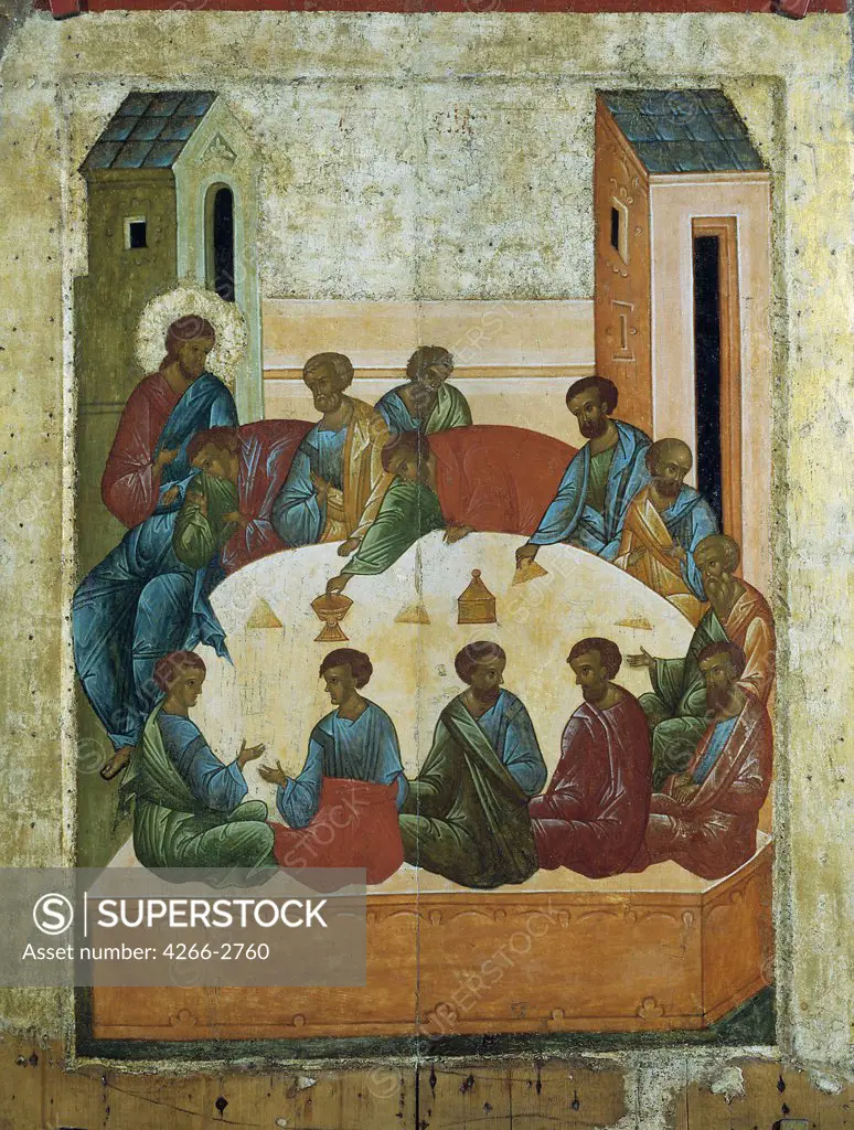 Last supper by Russian icon, tempera on panel, 1497, Russia, St. Petersburg, State Russian Museum, 83, 5x63