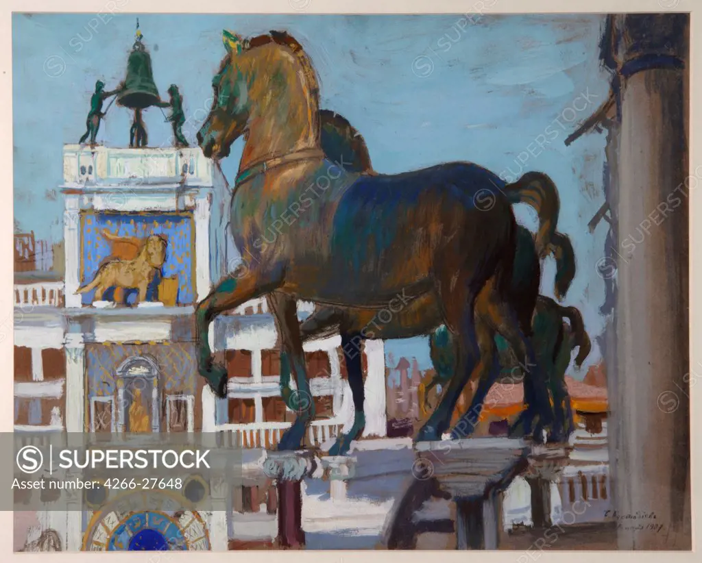 The Horses of San Marco by Kustodiev, Boris Michaylovich (1878-1927) / Private Collection / Russian Painting, End of 19th - Early 20th cen. / 1907 / Russia / Gouache and tempera on paper / Architecture, Interior,Landscape /