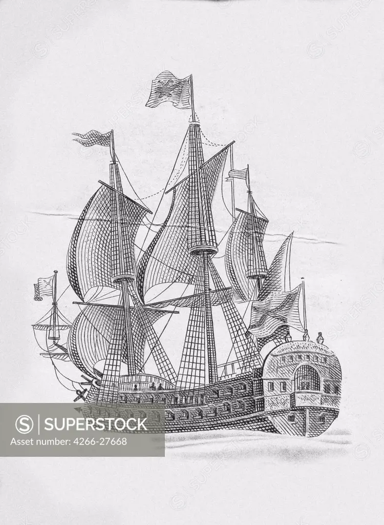 Russian ship of the line 'Poltava' (1712) by Anonymous   / Russian State Library, Moscow / Book design /  / Russia / Lithograph / History /