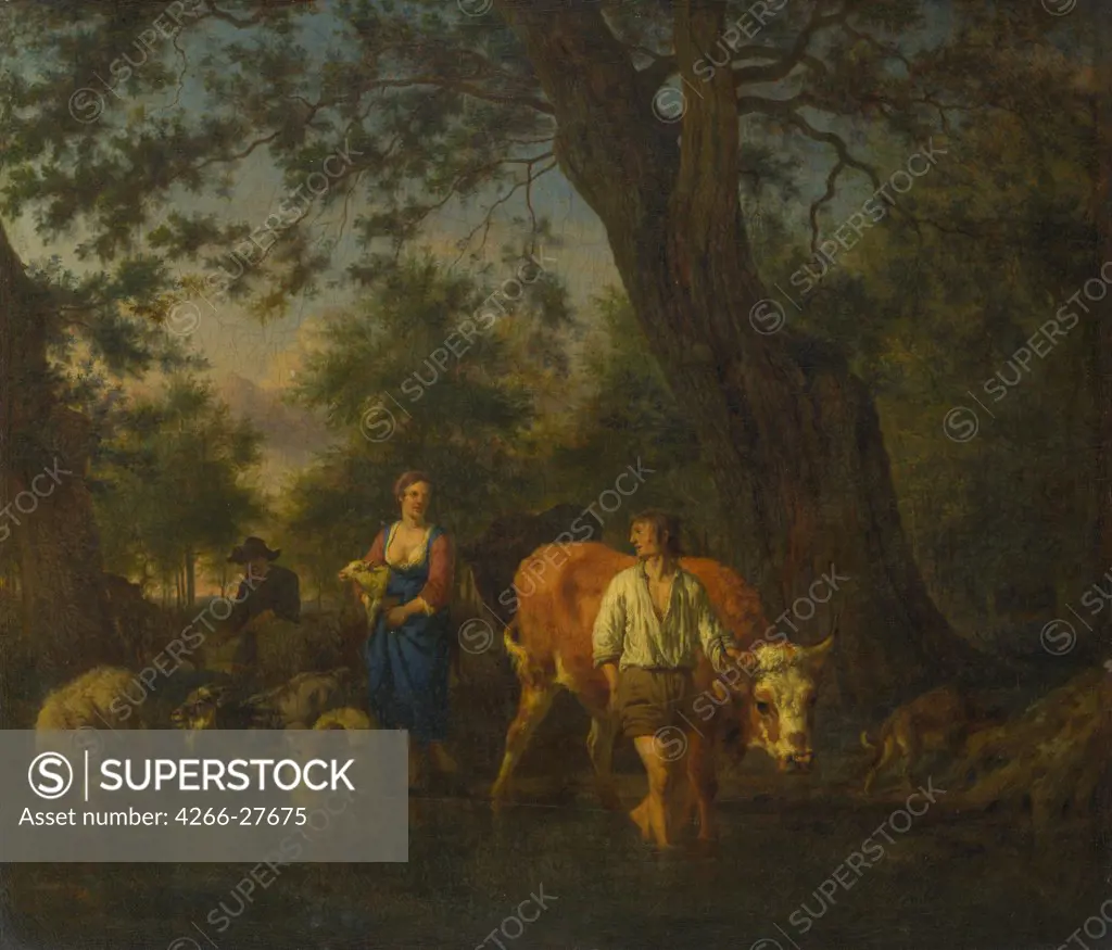 Peasants with Cattle fording a Stream by Velde, Adriaen, van de (1636-1672) / National Gallery, London / Baroque / ca 1662 / Holland / Oil on canvas / Landscape,Genre / 32,4x37,8
