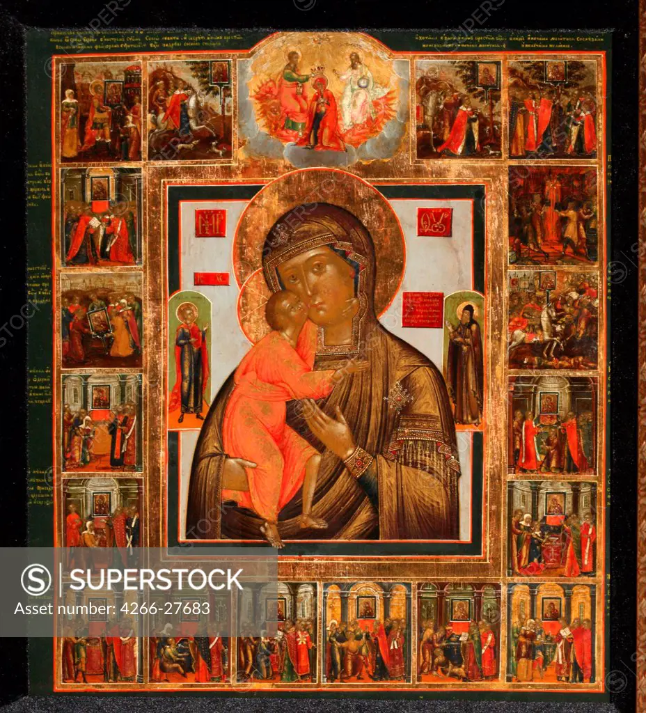 The Feodorovskaya Mother of God with the Wonders by Russian icon   / Private Collection / Russian icon painting / Mid of the 19th cen. / Russia, School of Kostroma / Tempera on panel / Bible /