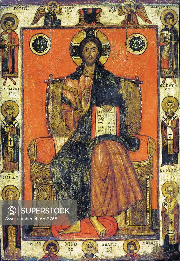 Christ enthroned by Russian icon, tempera on panel, 13th century, 14th century, Russia, Moscow, State Tretyakov Gallery, 106x73
