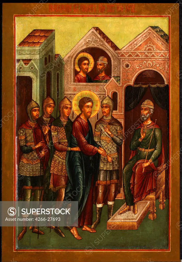 Christ before Pilate by Russian icon   / Private Collection / Russian icon painting / Early 20th cen. / Russia / Tempera on panel / Bible /