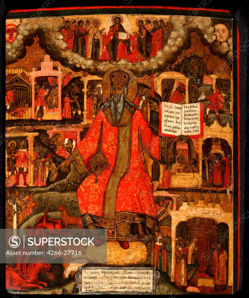 Saint Modestus, Patriarch of Jerusalem with scenes from his life by Russian icon   / Private Collection / Russian icon painting / End of 17th cen. / Russia, Yaroslavl School / Tempera on panel / Bible /