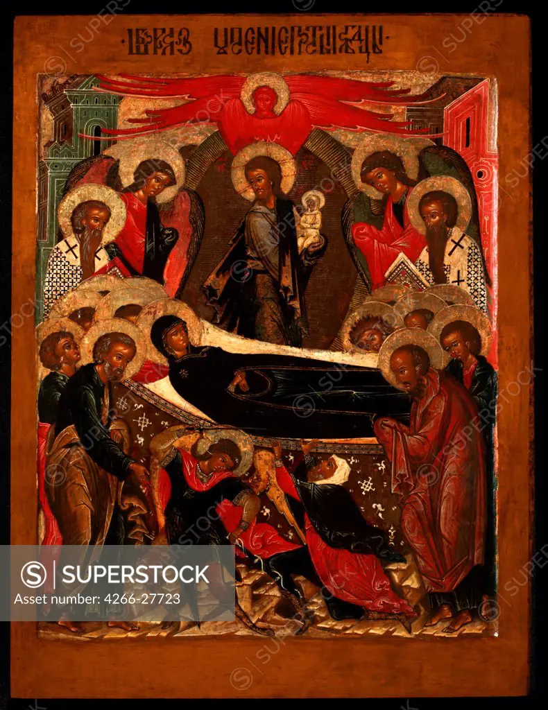 The Dormition of the Virgin by Russian icon   / Private Collection / Russian icon painting / 1640s / Russia, Moscow School / Tempera on panel / Bible /