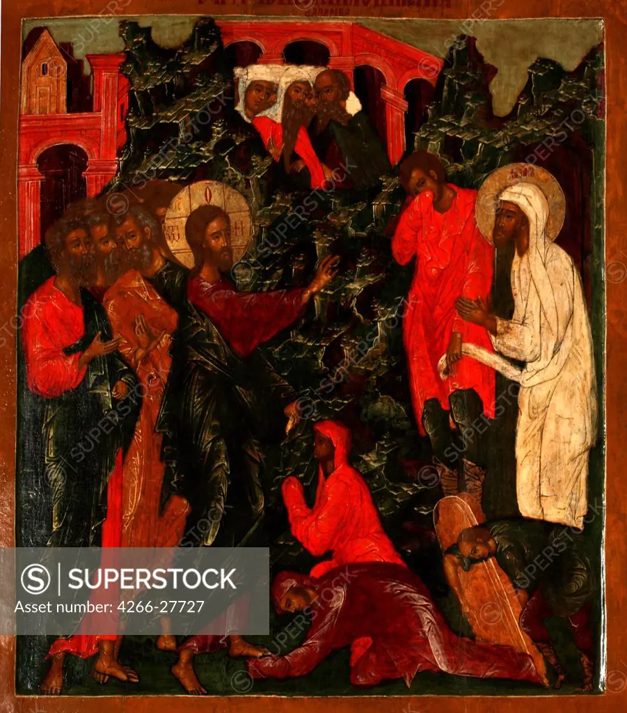 The Raising of Lazarus by Russian icon   / Private Collection / Russian icon painting / 1660s / Russia, Yaroslavl School / Tempera on panel / Bible /