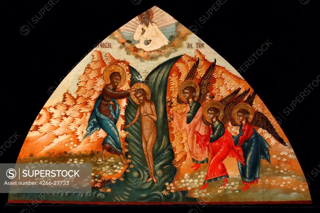 The Baptism of Christ by Russian icon   / Private Collection / Russian icon painting / Mid of the 19th cen. / Russia, School of Palekh / Tempera on panel / Bible /