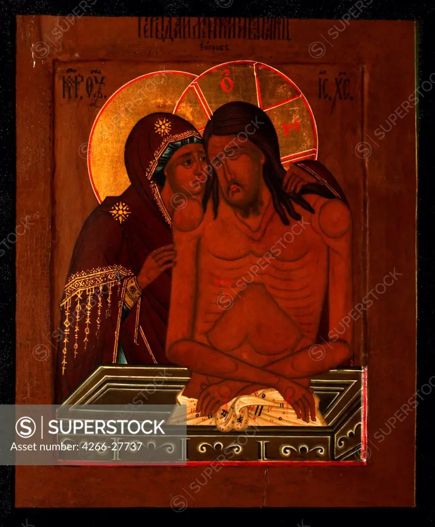 The Lamentation over the Dead Christ by Russian icon   / Private Collection / Russian icon painting / End of 19th cen. / Russia, Moscow School / Tempera on panel / Bible /