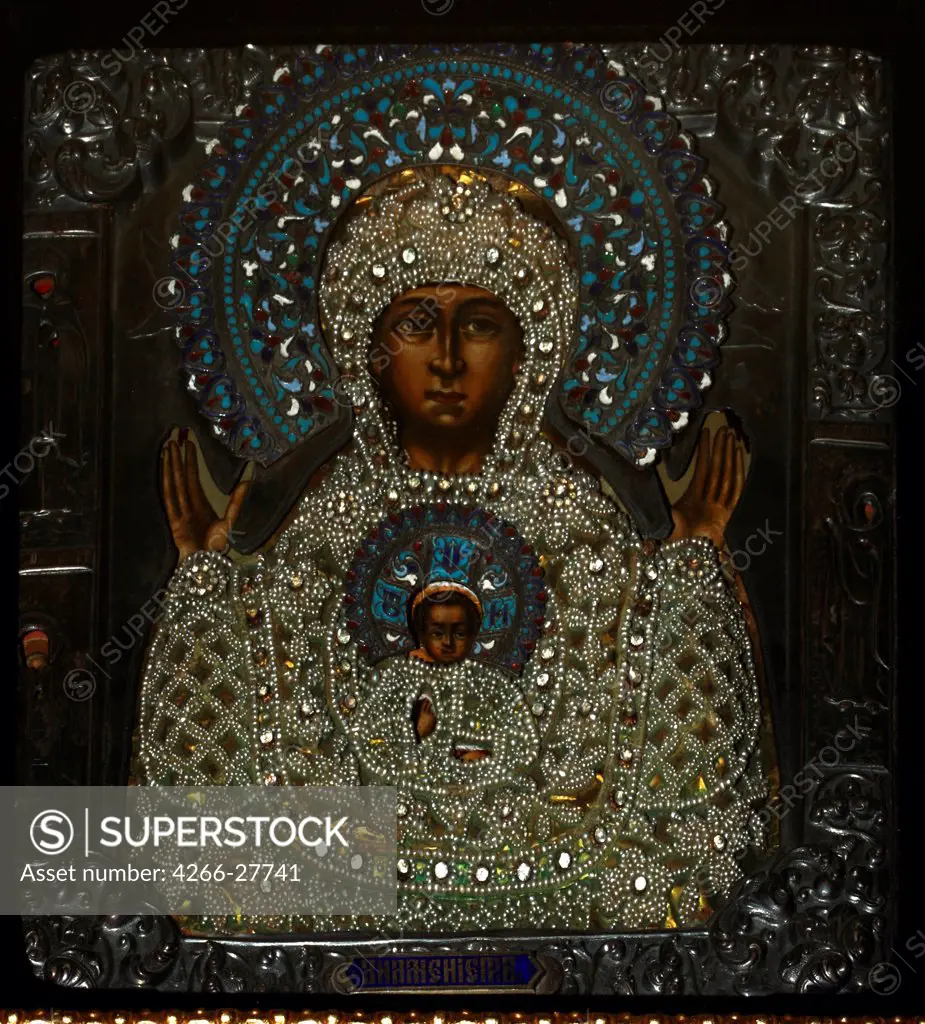 Our Lady of the Sign by Russian icon   / Private Collection / Russian icon painting / Early 18th cen. / Russia, Moscow School / Tempera on wood, silver gilt, filigree enamels and seed pearls / Bible /