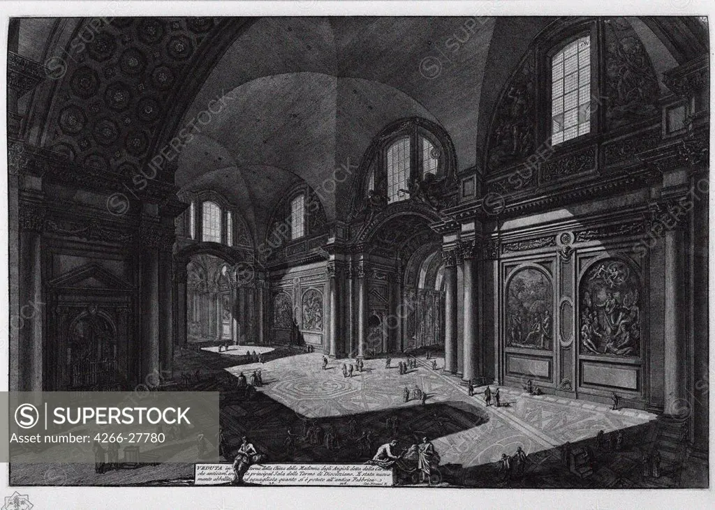 Interior of the basilica of Santa Maria degli Angeli (former baths of Diocletian) by Piranesi, Giovanni Battist (1720-1778) / Private Collection / Veduta Painting / Between 1765 and 1775 / Italy, Roman School / Lithograph / Architecture, Interior /