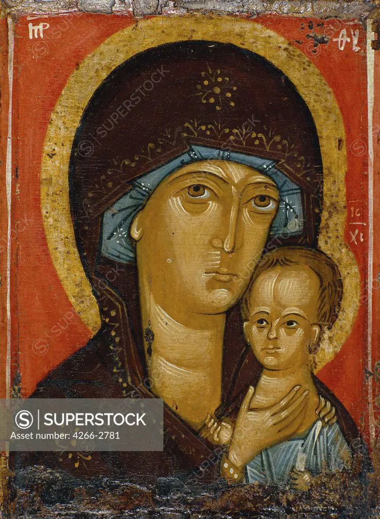 Virgin Mary, Russian icon, Tempera on panel, 14th century, Russia, State Tretyakov Gallery, Moscow, 23x17