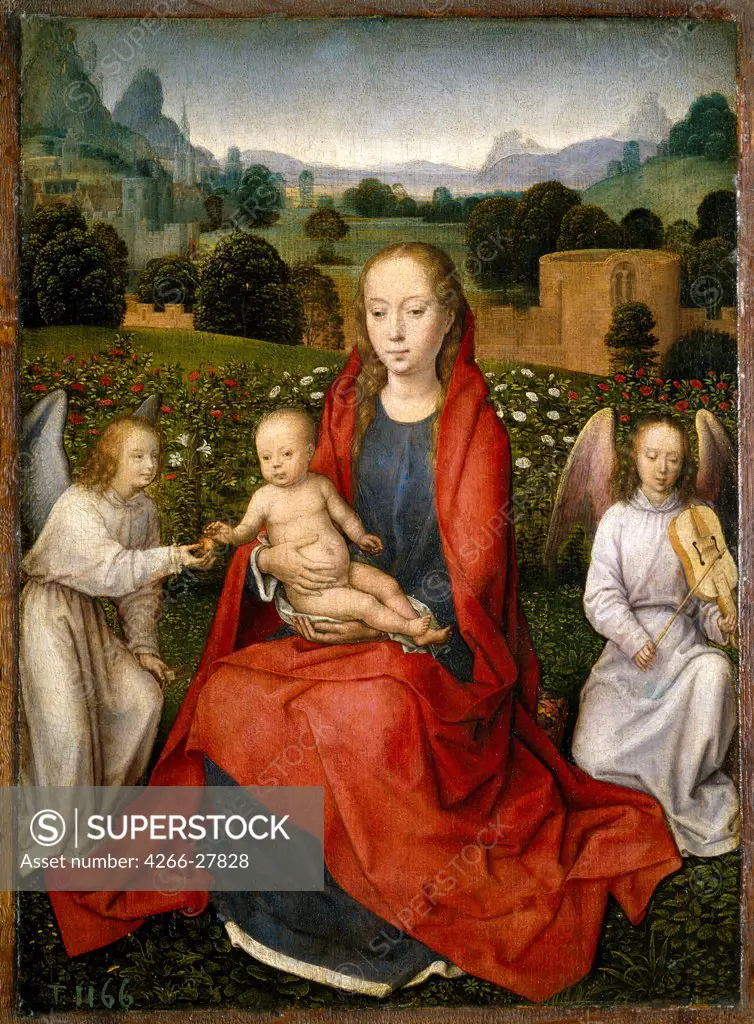 Virgin and child and two angels by Memling, Hans (1433/40-1494) / Museo del Prado, Madrid / Early Netherlandish Art / 1480-1490 / The Netherlands / Oil on wood / Bible / 36x26