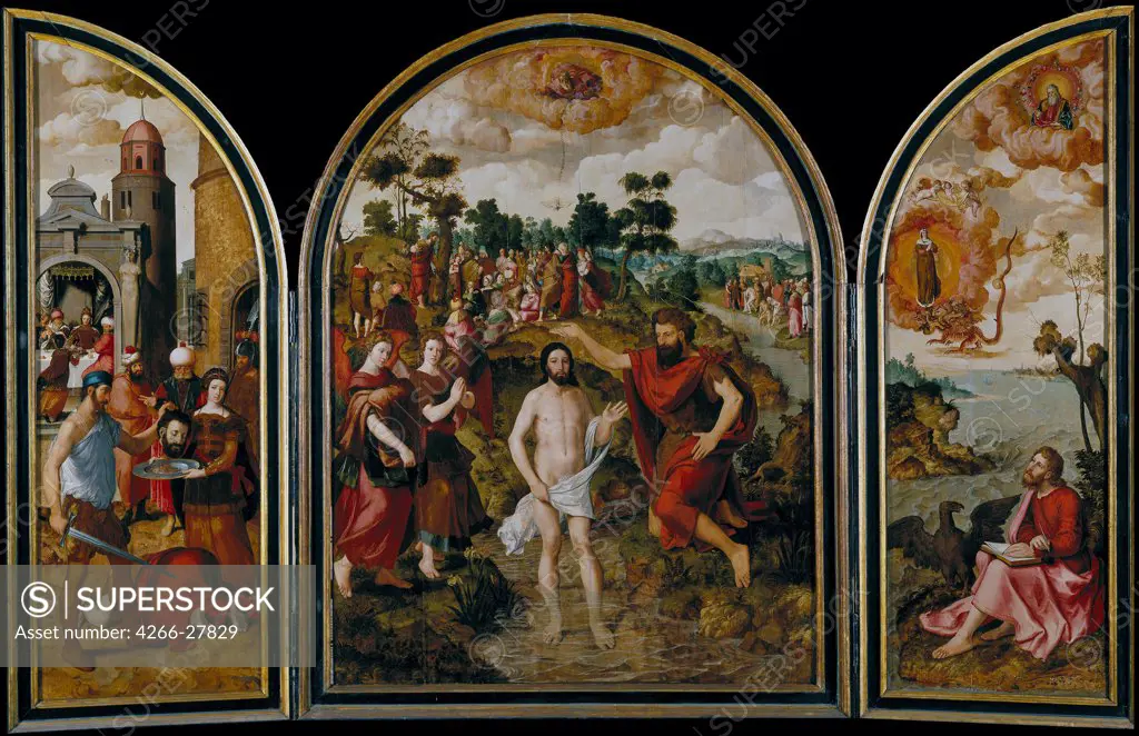 The triptych of Saint John the Baptist by Pourbus, Pierre (1524-1584) / Museo del Prado, Madrid / Early Netherlandish Art / 1549 / Flanders / Oil on wood / Bible / 241x377