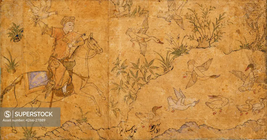 Mounted Falconer Hunting Ducks by Iranian master   / The David Collection / The Oriental Arts / c.1420 / Iran, Timurid Dynasty / Watercolour and tempera on paper / Genre / 11,4x20,5