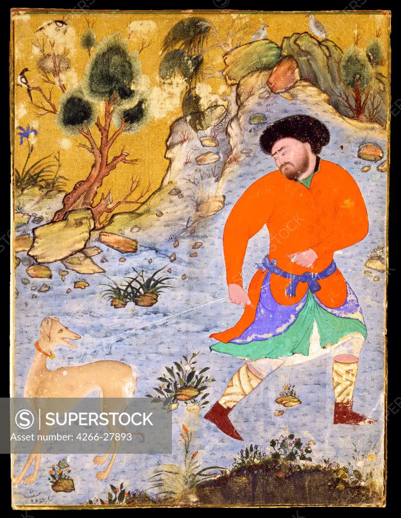 Man with a Saluki by Iranian master   / The David Collection / The Oriental Arts / ca 1555 / Iran / Mineral Pigment on Cotton / Genre / 18,3x13,8