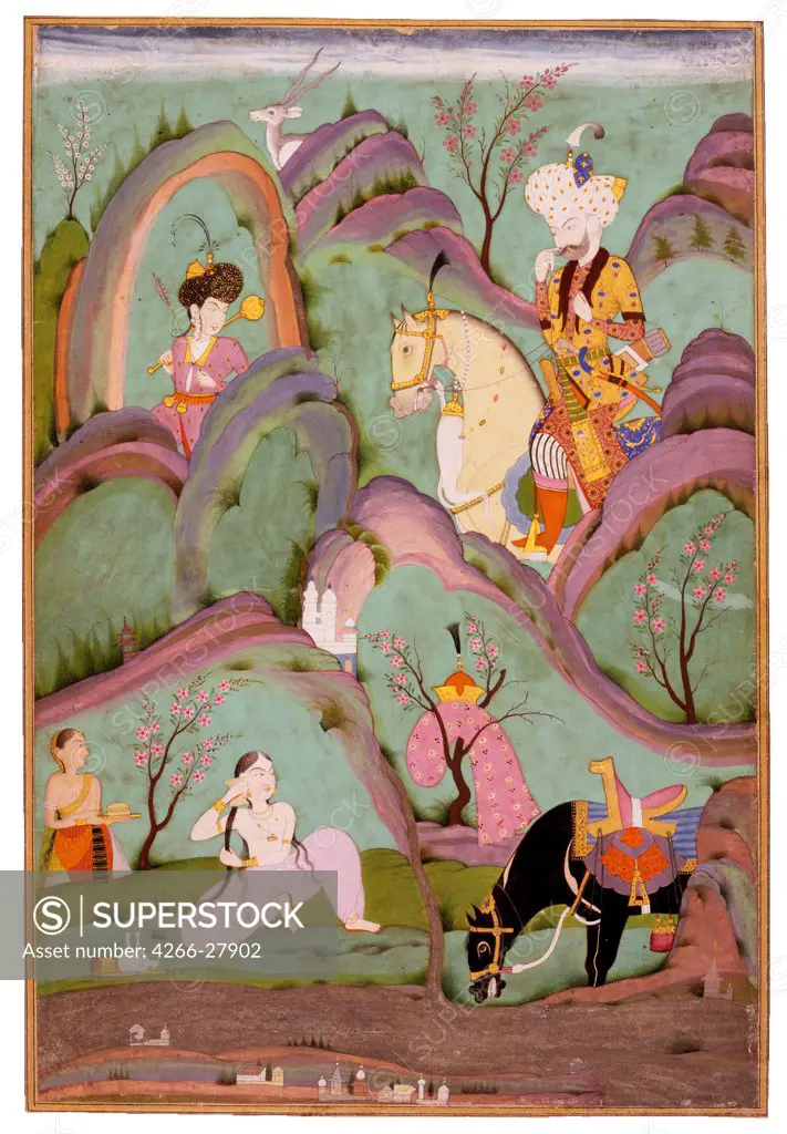 Khusraw Beholding Shirin Bathing. (Miniature From the Cycle of Eight Poetic Subjects) by Indian Art   / The David Collection / The Oriental Arts / c. 1720-1740 / India, Deccan sultanates / Watercolour, Gouache on Paper / Mythology, Allegory and Literatur
