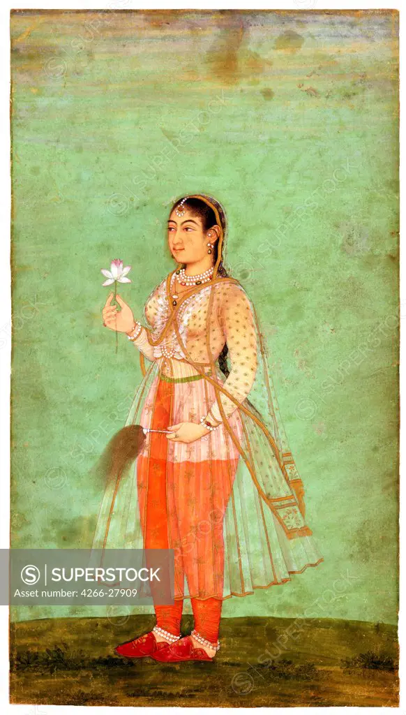 A Lady with Flower and Fly Whisk by Indian Art   / The David Collection / The Oriental Arts / c.1630 / India, Mughal school / Gouache on paper / Genre / 25x14