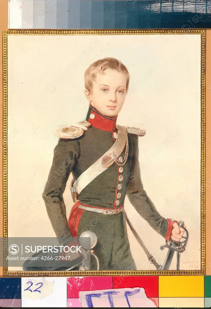 Portrait of the Crown prince Alexander Nikolayevich (1818-1881) by Sokolov, Pyotr Fyodorovich (1791-1848) / State Tretyakov Gallery, Moscow / Classicism / 1828 / Russia / Watercolour on paper / Portrait /