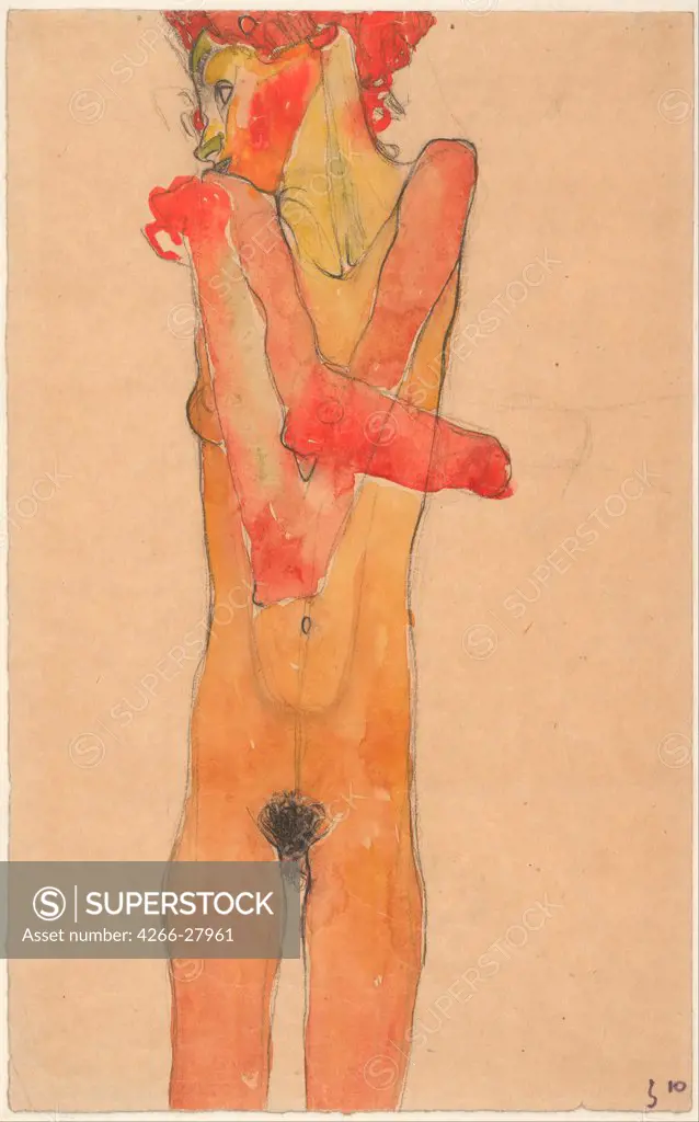 Nude Girl with Folded Arms by Schiele, Egon (1890Ð1918) / Albertina, Vienna / Art Nouveau / 1910 / Austria / Black chalk, watercolour on Paper / Nude painting / 44,8x27,8
